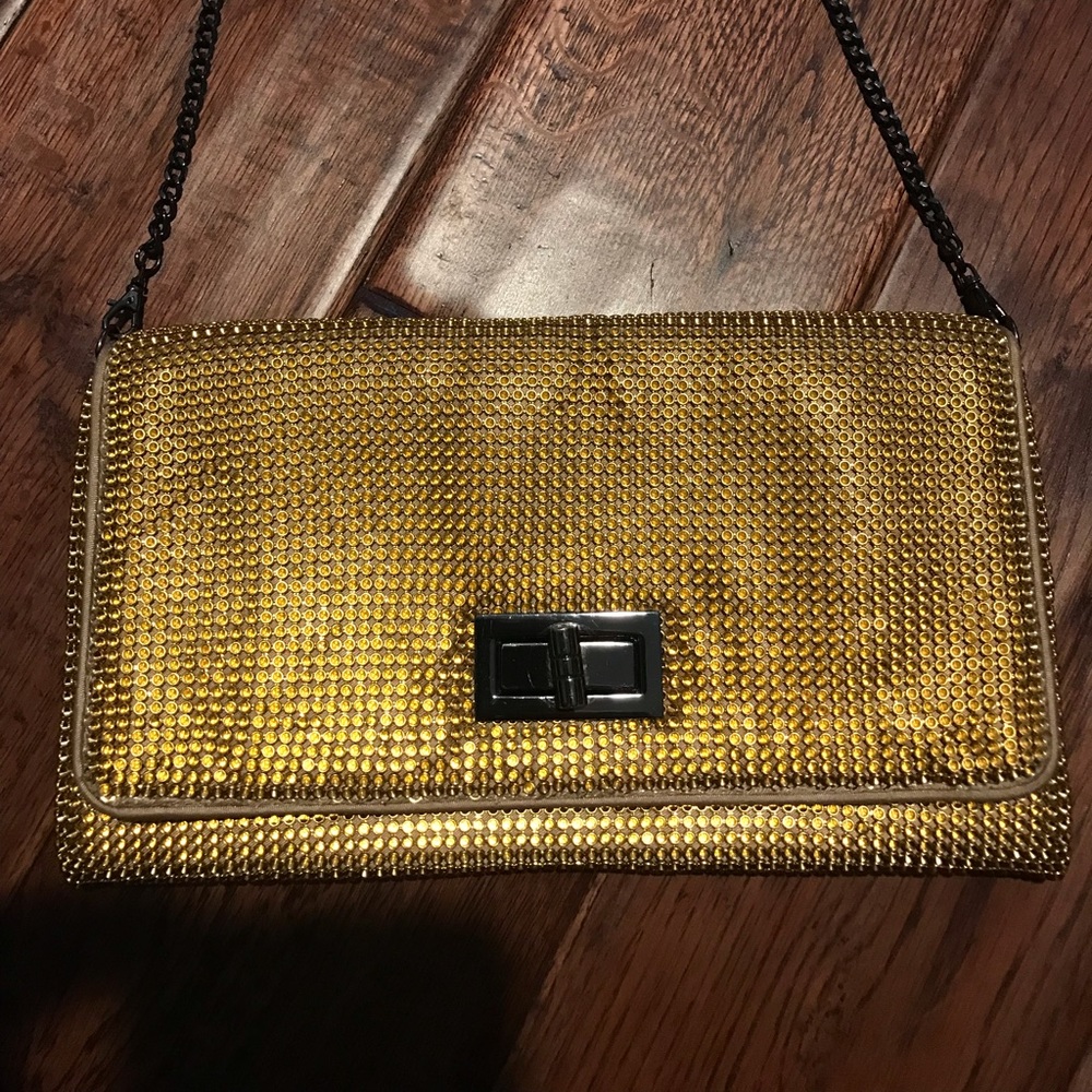 EUC BCBGMAXAZRIA Gold Metal Clutch with Metal Chain.